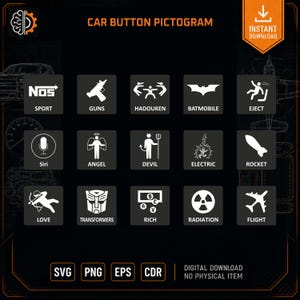 May include: A digital collection of fifteen black square car button icons with white graphics and text labels including Sport, Guns, Hadouken, Batmobile, Eject, Siri, Angel, Devil, Electric, Rocket, Love, Transformers, Rich, Radiation, and Flight.