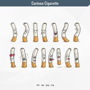 Op de afbeelding: Een set van 14 cartoon-sigarettenillustraties met verschillende gezichtsuitdrukkingen, waaronder blij, verdrietig, boos en verrast. De sigaretten zijn wit met een bruin filter en een rode punt.
