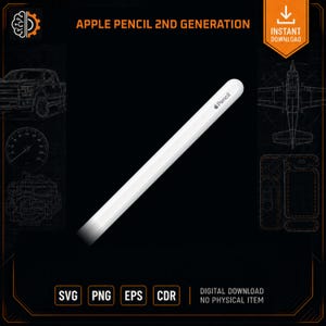 Könnte beinhalten: Ein weißer digitaler Eingabestift Apple Pencil 2nd Generation mit dem Apple-Logo und dem Wort Pencil an der Seite. Das Bild enthält den Text Apple Pencil 2nd Generation, Instant Download sowie die Dateiformate SVG, PNG, EPS und CDR.