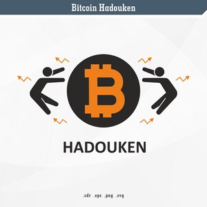 May include: A graphic featuring a black circle with an orange Bitcoin symbol in the center, flanked by black stick figures. The word "HADOUKEN" is below the circle, with the text "Bitcoin Hadouken" at the top.