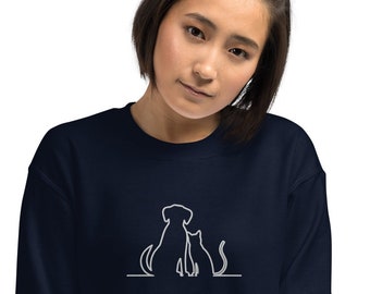 Embroidered cat and dog unisex sweatshirt