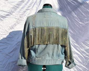 Rhinestone Fringe Jean Jacket | Sparkly Denim Jacket | Concert Jacket | Bachelorette | Festival | Bridesmaid | XS, Small, Medium, Large