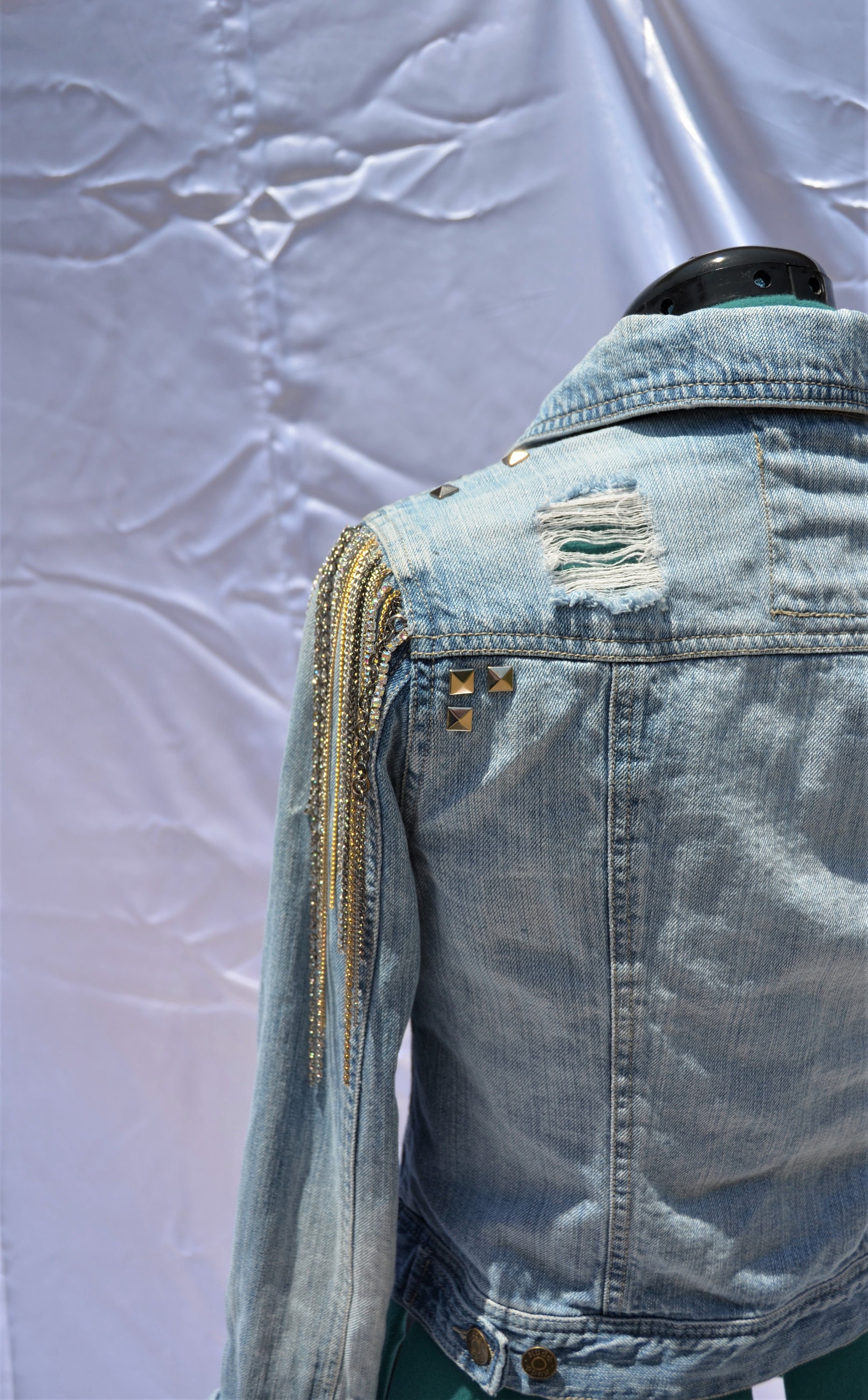 Jean Jacket W/ Assorted Chain Detailing Studded Denim Jacket 