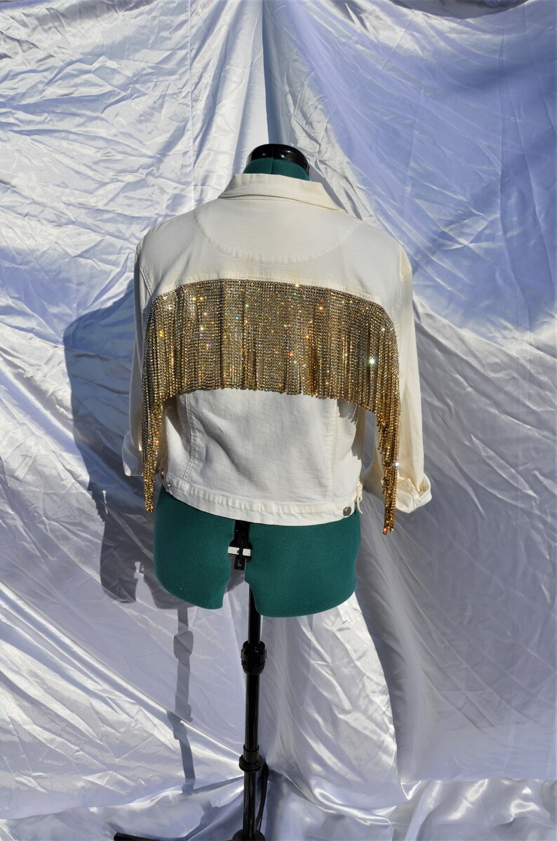 White Jean Jacket With Rhinestone Fringe White Denim Etsy