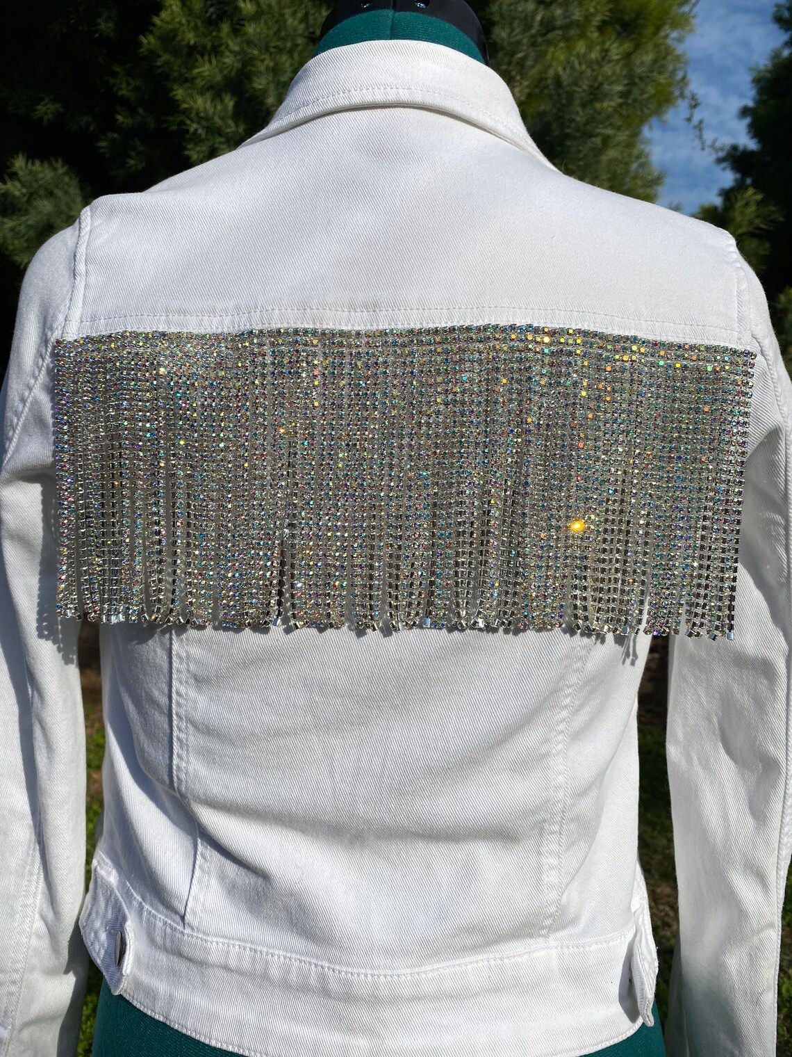 White Jean Jacket with Rhinestone Fringe White Denim Etsy