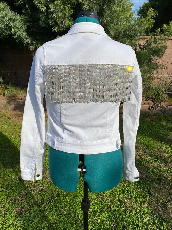 White Jean Jacket with Rhinestone Fringe White Denim Etsy