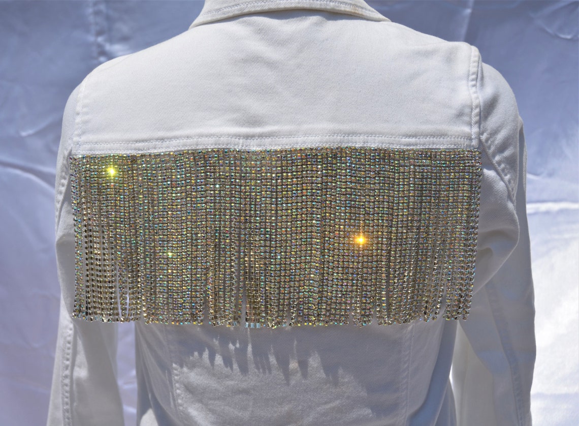 White Jean Jacket With Rhinestone Fringe White Denim Etsy