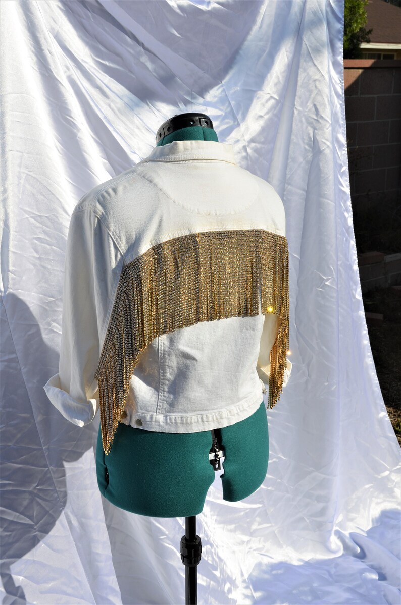 White Jean Jacket With Rhinestone Fringe White Denim Etsy