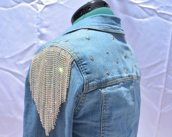 Rhinestone Fringe Jean Jacket | Star Studded Denim Jacket | Shoulder Fringe Detailing