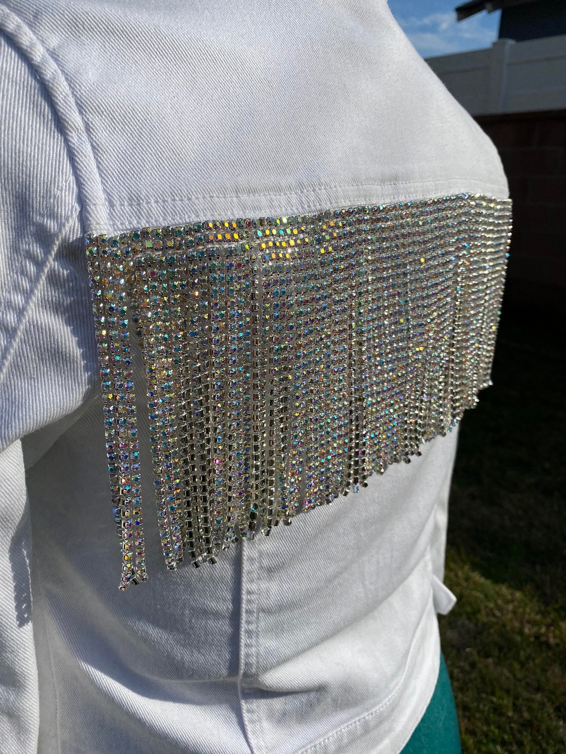 White Jean Jacket with Rhinestone Fringe White Denim Etsy