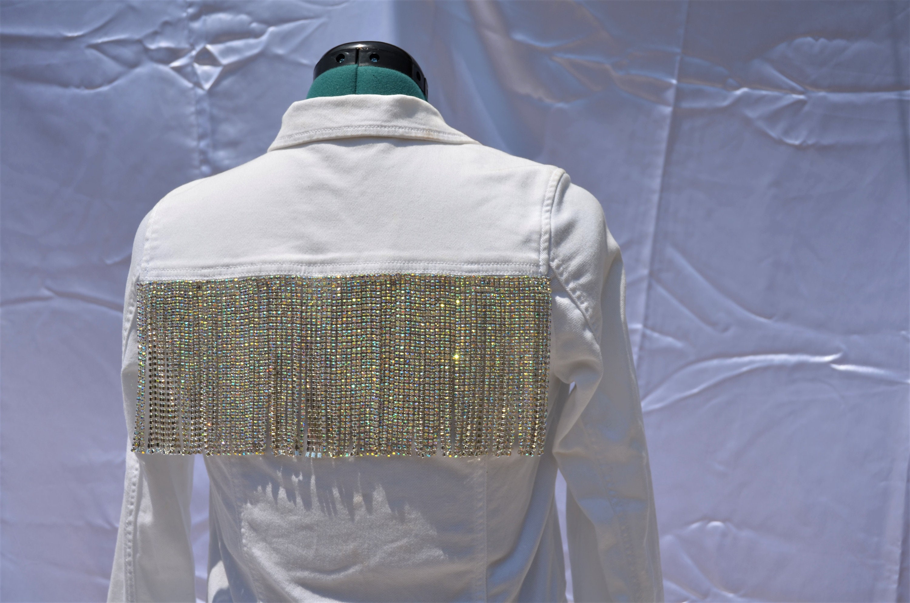White Jean Jacket With Rhinestone Fringe White Denim Etsy