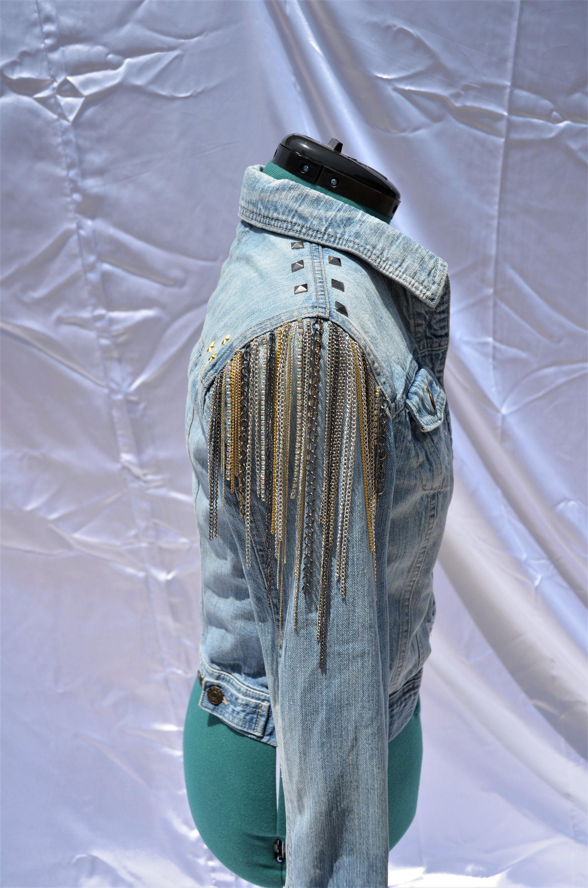 Jean Jacket W/ Assorted Chain Detailing Studded Denim Jacket 