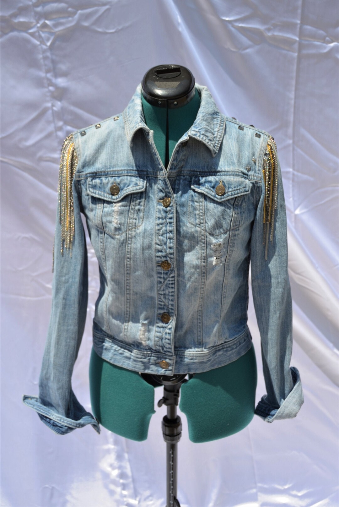 Jean Jacket W/ Assorted Chain Detailing Studded Denim Jacket Rhinestone