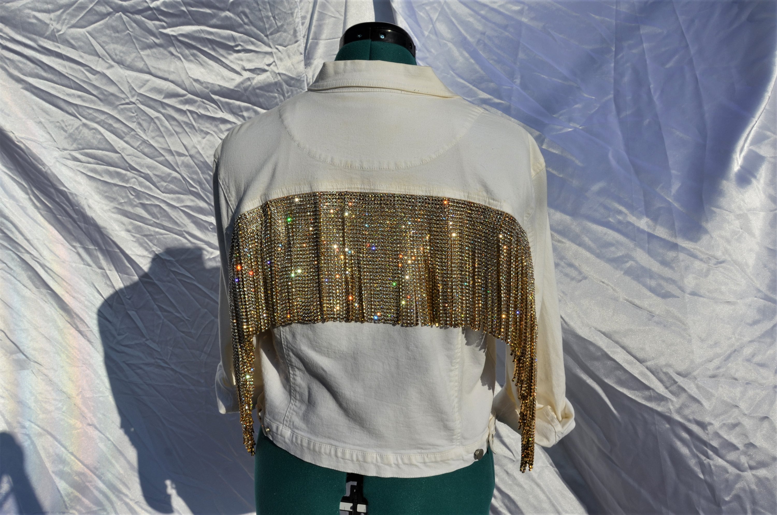White Jean Jacket With Rhinestone Fringe White Denim Etsy