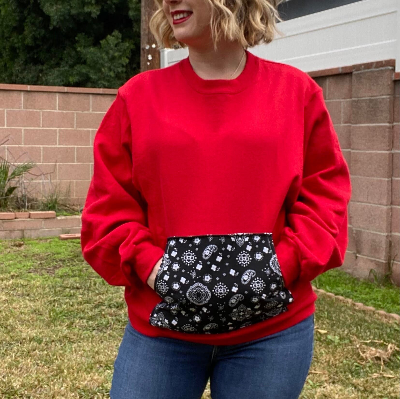 Red Crewneck Sweatshirt With Bandana Style Pocket Unique Sweatshirt