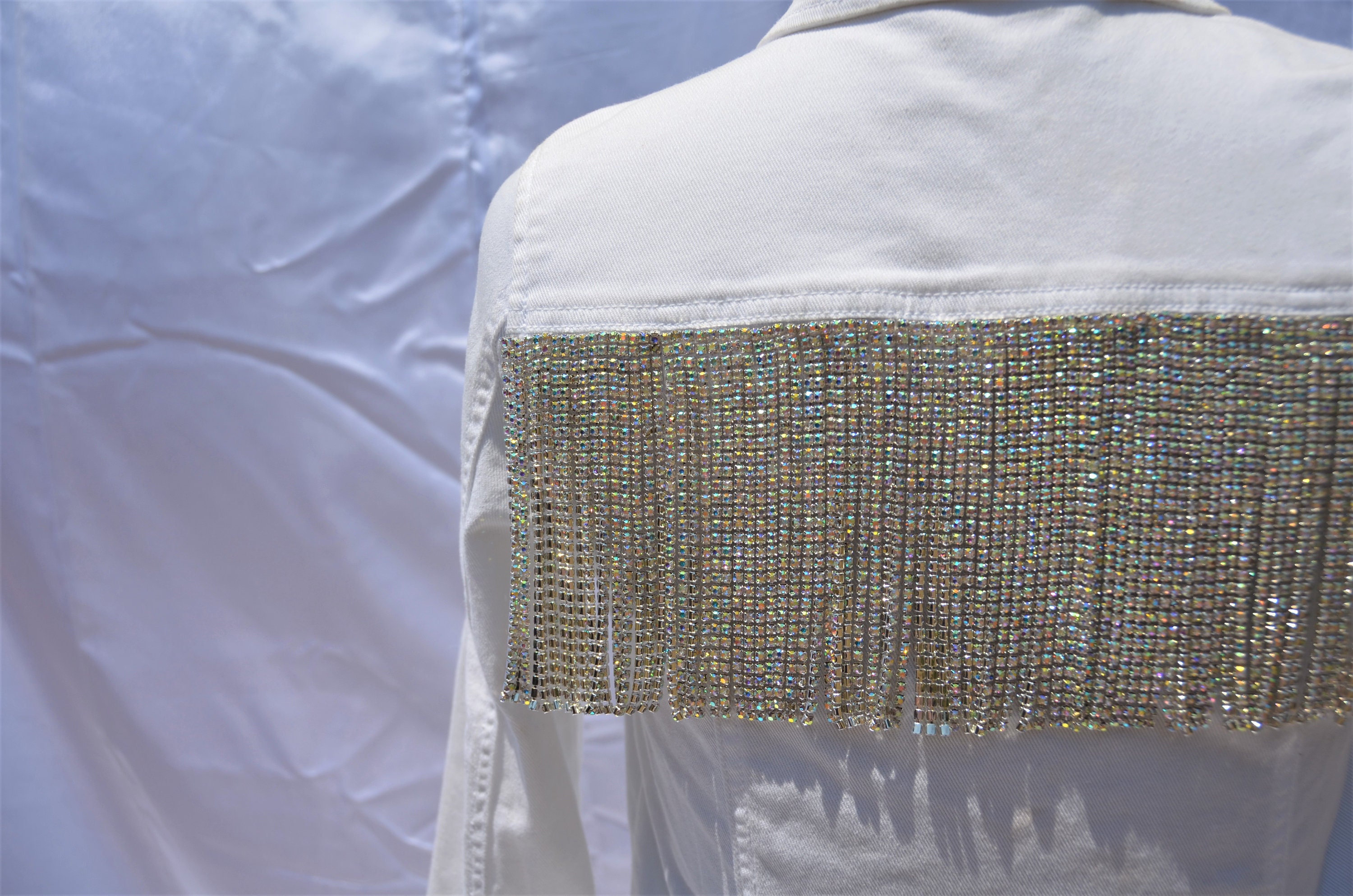 White Jean Jacket With Rhinestone Fringe White Denim Etsy