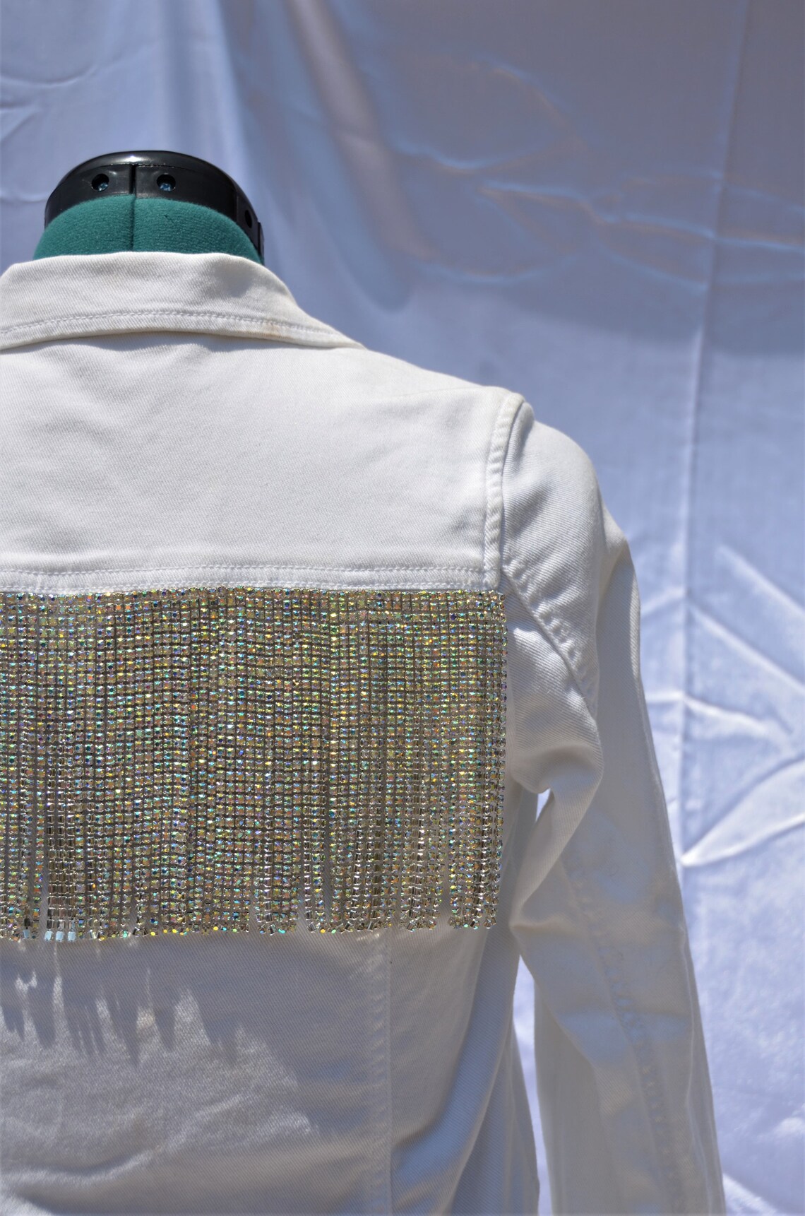 White Jean Jacket With Rhinestone Fringe White Denim Etsy