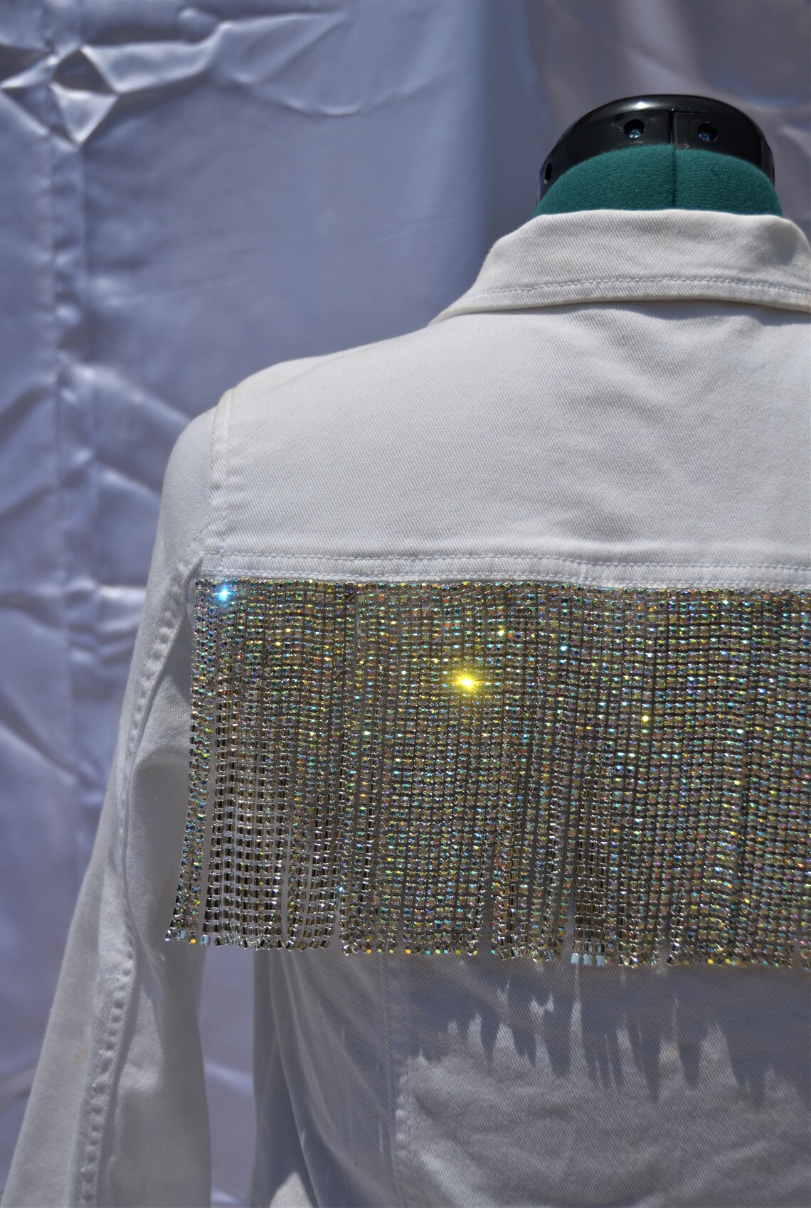 White Jean Jacket With Rhinestone Fringe White Denim Etsy