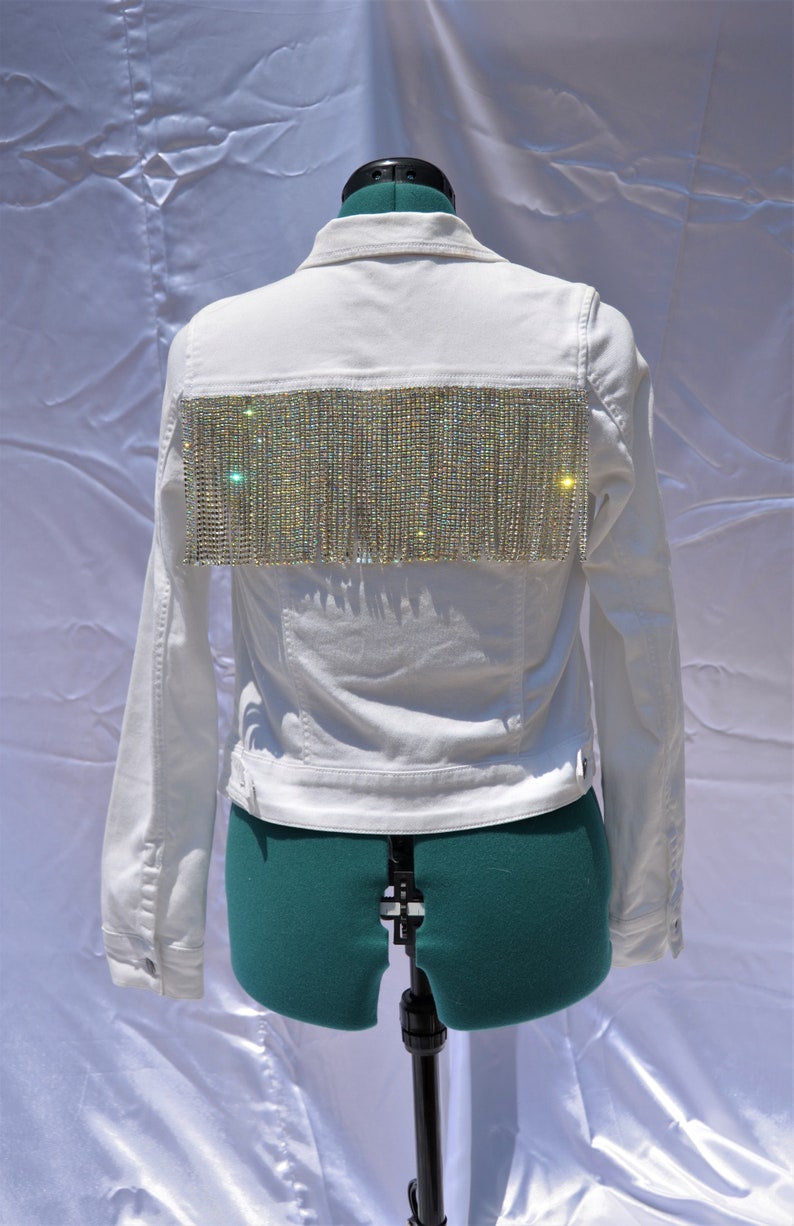 White Jean Jacket With Rhinestone Fringe White Denim Etsy
