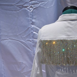 White Jean Jacket with Rhinestone Fringe | White Denim | Concert | Sparkly | Bachelorette Jacket | Country Concert | Festival