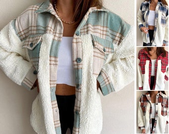 Cocoinsity Women Plaid Shirt Flannel Outwear Button Down Loose Vintage Blouse Jacket Coat