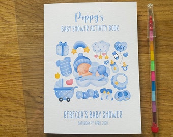 Personalised a6 Baby Shower Children's Activity Book, includes pencil, baby boy design in cello bag