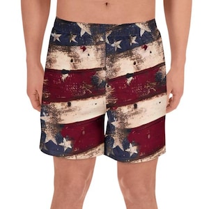 American Flag Unisex Athletic Long Shorts, Patriotic Workout Gear, USA Flag Running Shorts, Distressed Stars and Stripes