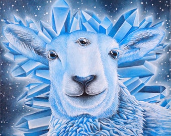 Sapphire - Magical Blue Sheep Giclee Print | 8x8 inch crystal, witch / spiritual / animal art