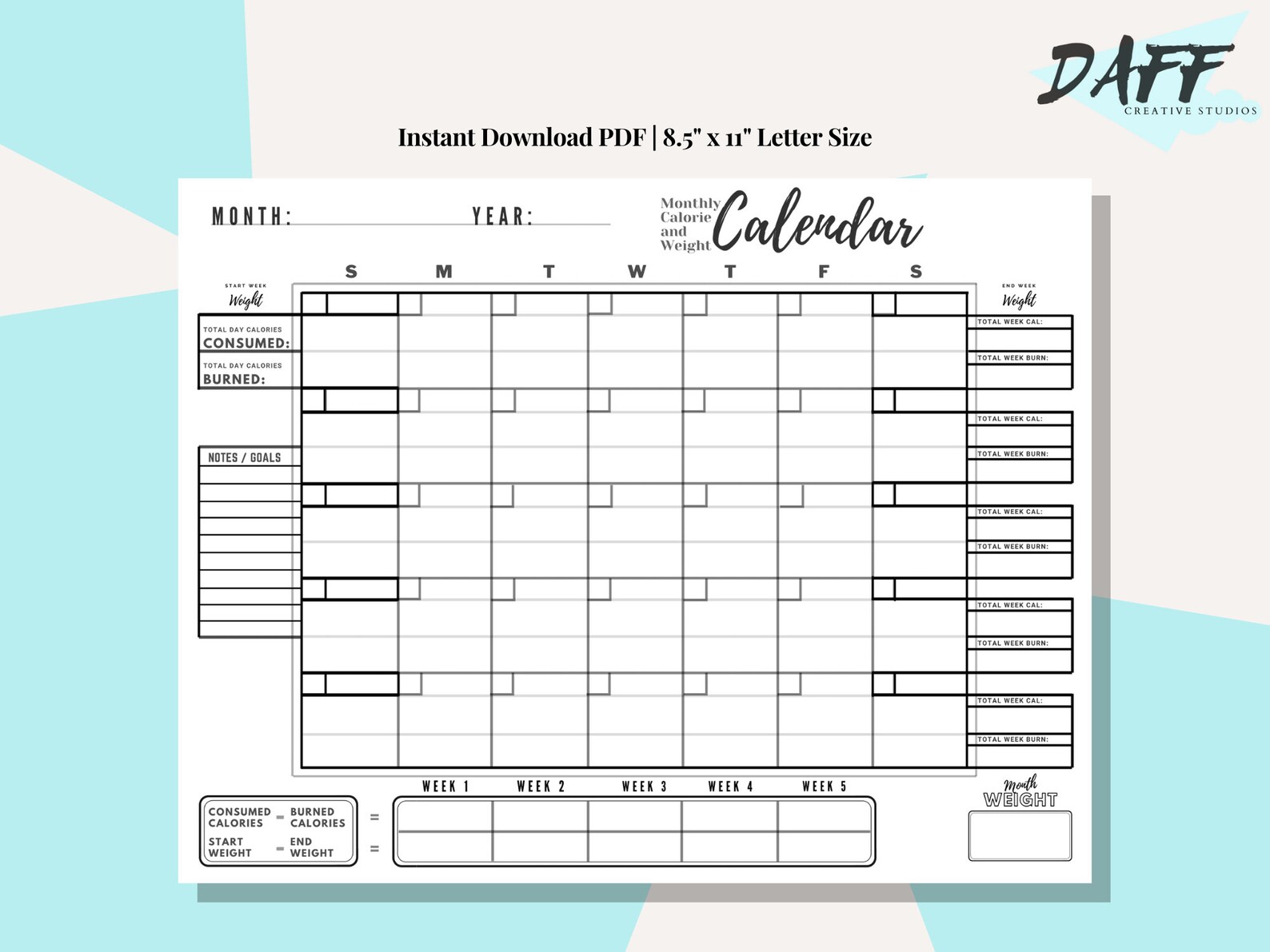 Monthly Weight and Calorie Tracker Calendar Weekly Calorie Etsy
