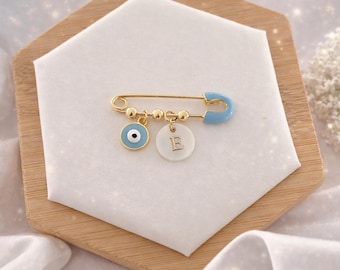 Personalized Baby Pin | Evil Eye Initial Brooch | Gold-Tone Stainless Steel Keepsake