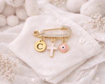 Personalized Gold-Plated Baby Pin, Baptism Christening Gift, Evil Eye Cross Charm Keepsake