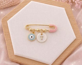 Personalized Baby Pin | Evil Eye Initial Brooch | Gold-Tone Stainless Steel Keepsake
