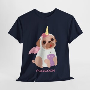 Pugicorn, Unicorn Pug Dog Cartoon Graphic, uniseks zwaar katoenen T-shirt