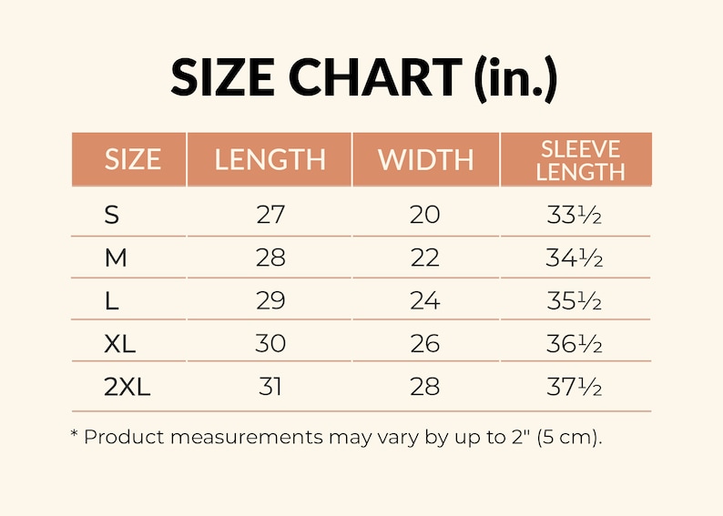 Puede incluir: Tabla de tallas para una prenda con medidas en pulgadas para la talla, la longitud, el ancho y la longitud de la manga. Las tallas incluyen S, M, L, XL y 2XL. *Las medidas del producto pueden variar hasta 2" (5 cm).