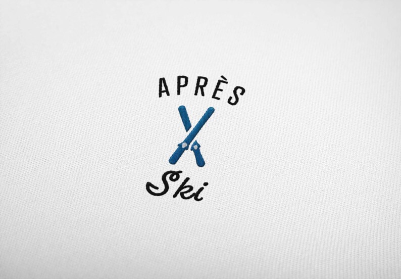 Puede incluir: Un fondo blanco con un logotipo negro y azul que dice "APR&Eacute;S Ski" con un par de esqu&iacute;s azules cruzados.