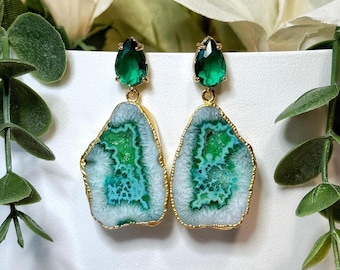 Gold Plated Druzy Geode Dangle Earrings, Boho Statement Jewelry