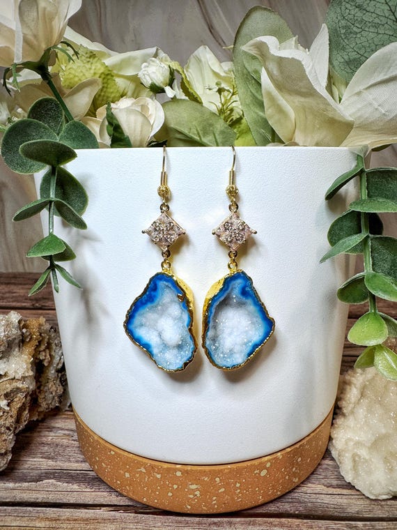 Gold Plated Geode Dangle Earrings, Raw Druzy Quartz, Boho  display picture 3