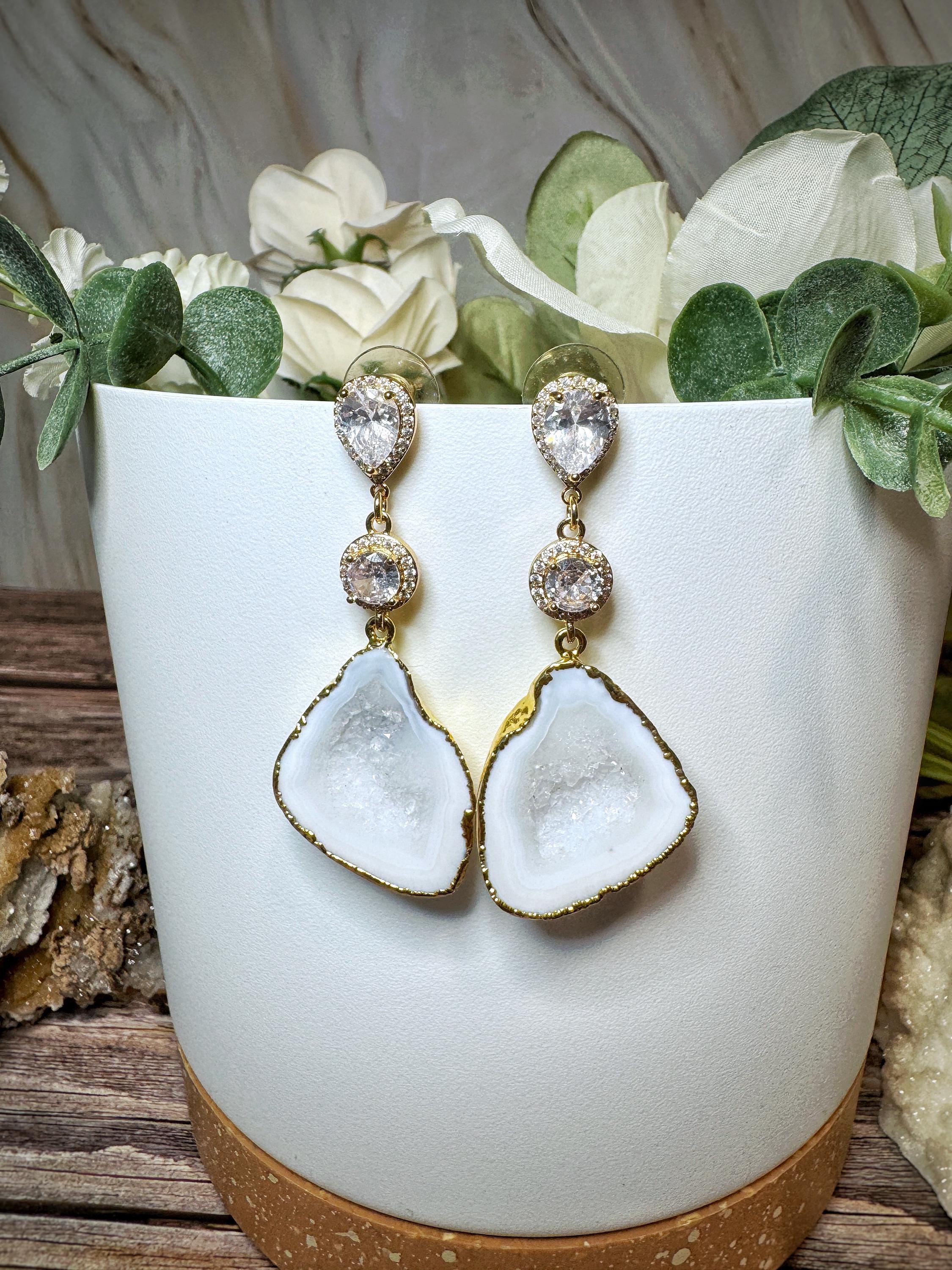 Gold Plated Geode Dangle Earrings, Druzy Quartz Crystal  display picture 1