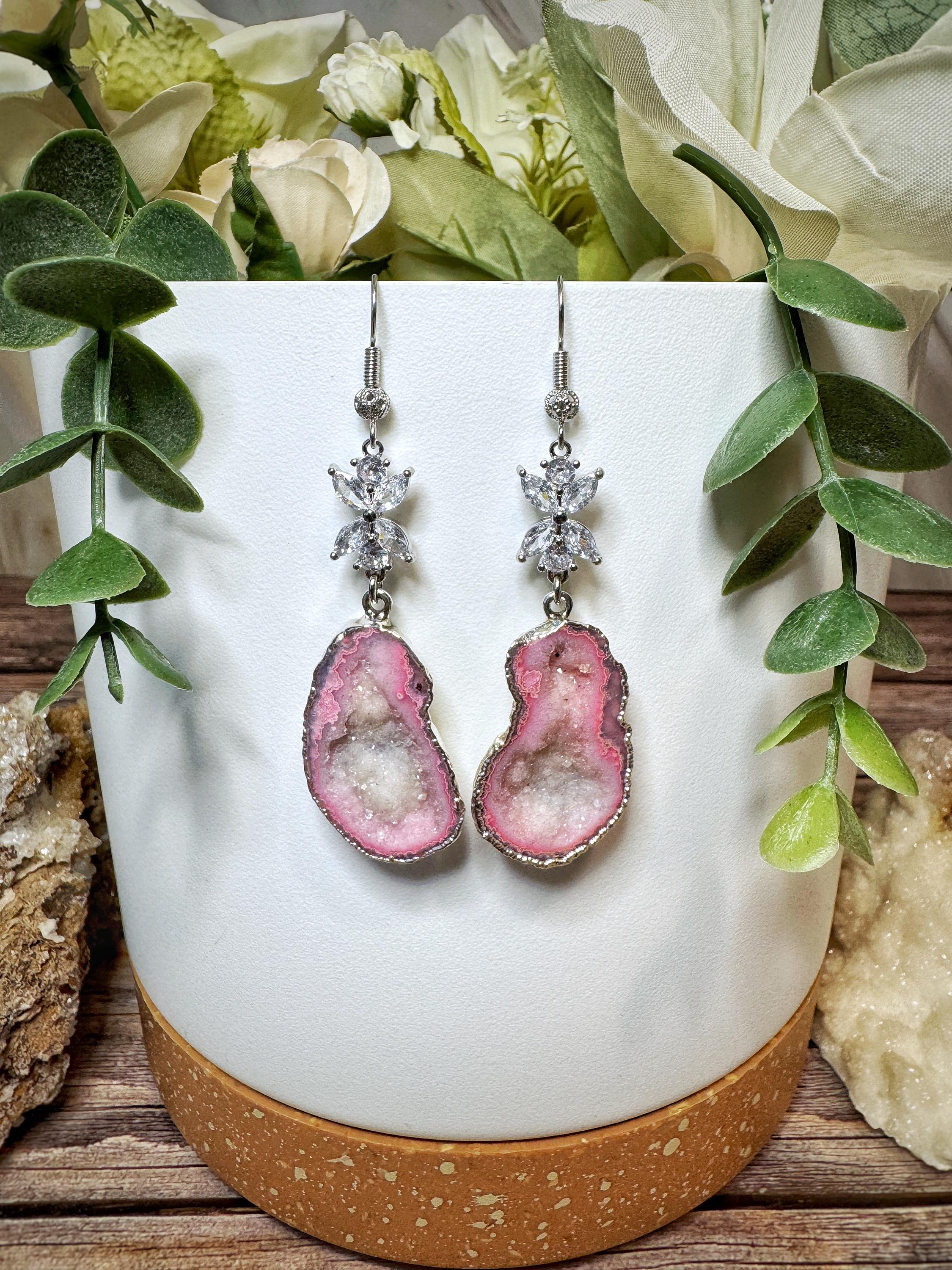 NEW Natural Gemstone Quartz Geode Drusy Crystal Dangle Earrings for Women 14k Gold Edged Druzy Agate Slice Earrings – 14k Gold  main image 3