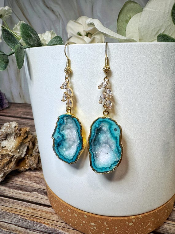 NEW Natural Gemstone Quartz Geode Drusy Crystal Dangle Earrings for Women Pair Geode Agate Druzy Slice Earring // Natural Agate Geodes  main image 3