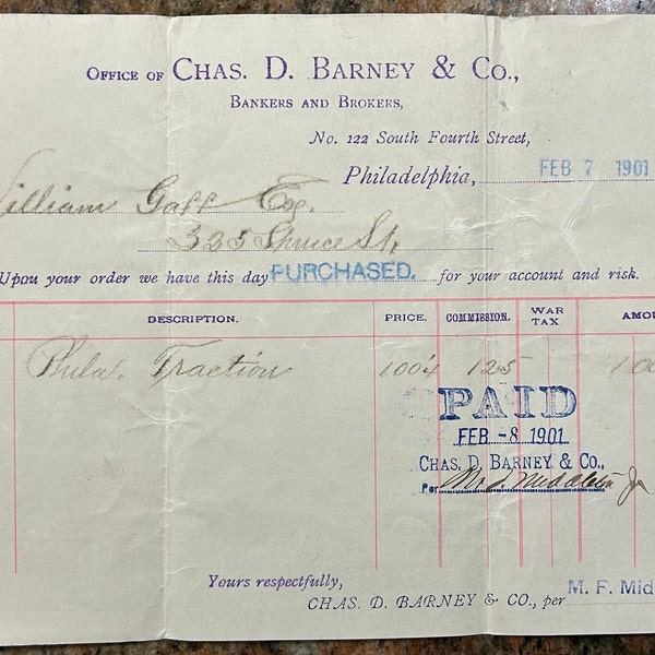 Vintage Rare Chas D. Barney & Co. Bankers and Brokers Purchased Order.