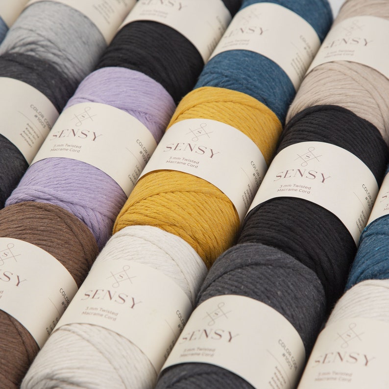 May include: A variety of colors of 3 mm twisted macrame cord. The cord is made of natural fibers and is perfect for crafting.