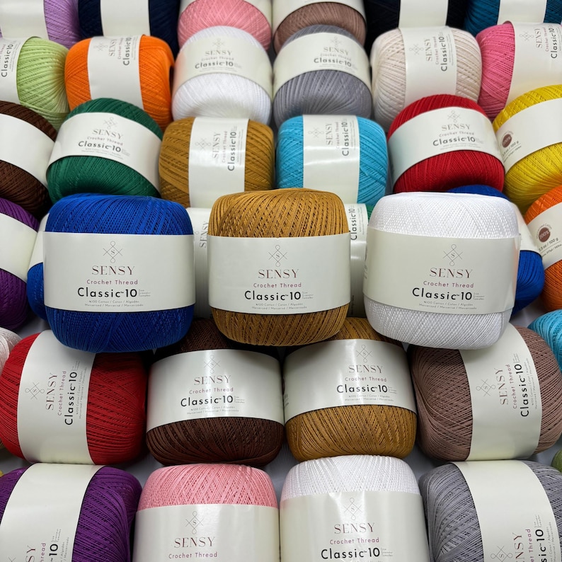 May include: A variety of colorful yarn balls with the text "SENSY Crochet Thread Classic-10" on the labels.