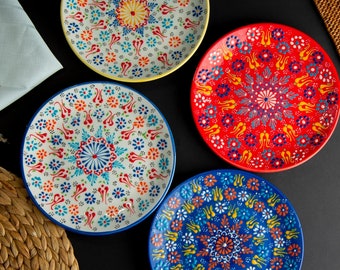 Assiette en céramique 21 cm/27 cm/33 cm, assiette en céramique turque faite main, peinte à la main, passe au micro-ondes, sans plomb, sans danger pour les aliments, poterie faite main