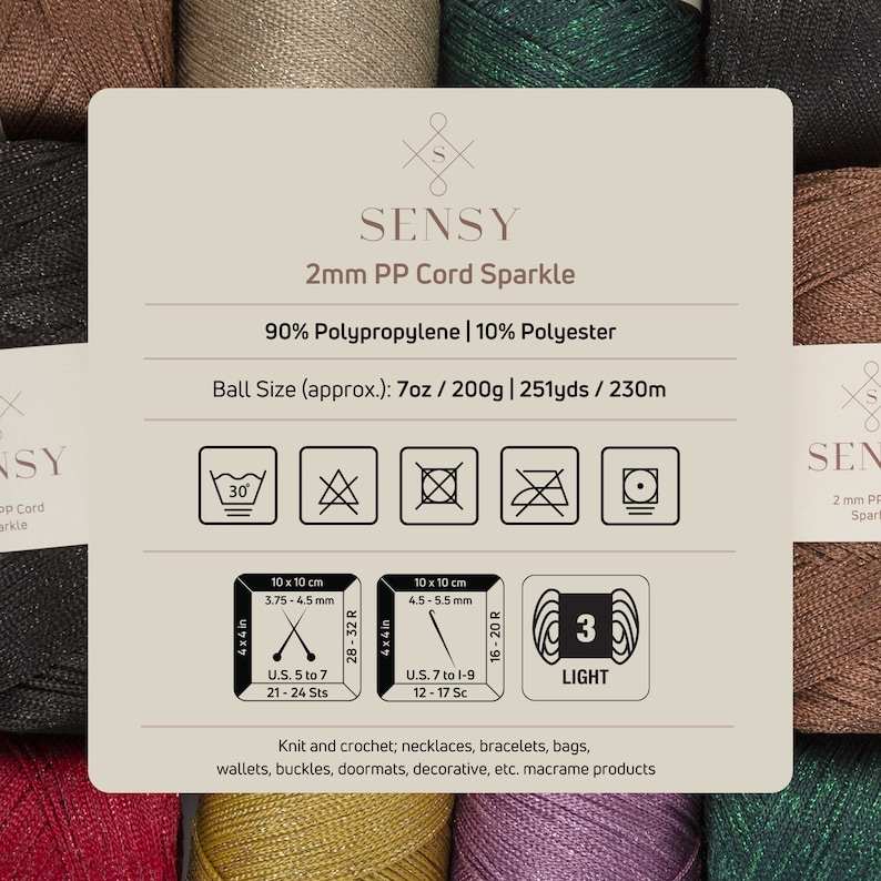 Peut inclure: Un pelote de fil Sensy 2mm PP Cord Sparkle de couleur brun clair avec une finition chatoyante. Le fil est compos&eacute; de 90% de polypropyl&egrave;ne et de 10% de polyester. La pelote p&egrave;se 7 onces ou 200 grammes et contient 251 yards ou 230 m&egrave;tres de fil. Le fil est lavable en machine et peut &ecirc;tre s&eacute;ch&eacute; en machine &agrave; basse temp&eacute;rature. Le fil est adapt&eacute; aux projets de tricot et de crochet tels que les colliers, les bracelets, les sacs, les portefeuilles, les boucles, les paillassons, les articles d&eacute;coratifs et les produits en macram&eacute;.