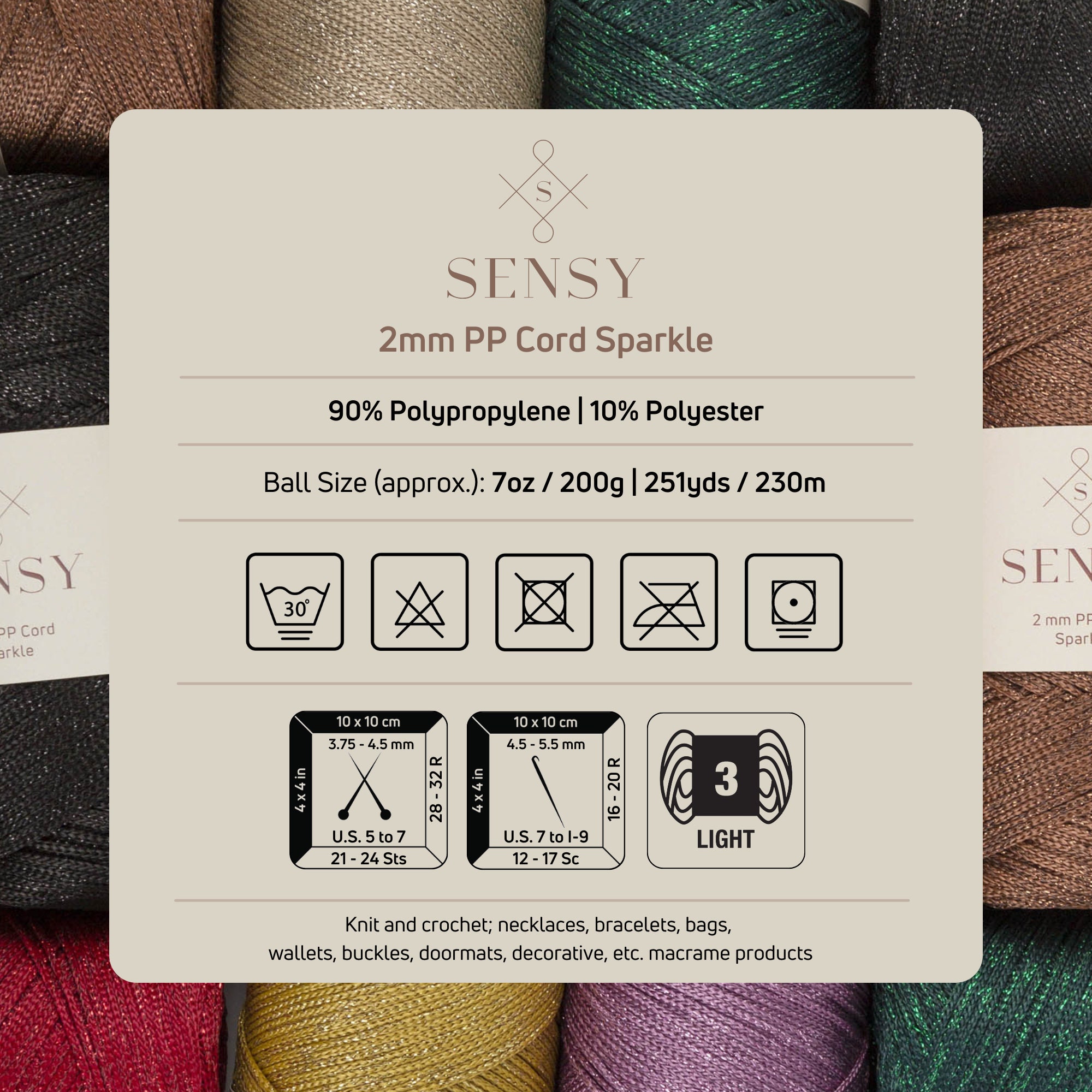 Sensy Premium 2mm Polyester Rope 100% Polypropylene Cord Macrame Cord 2mm  Crochet Bag Cord Macrame Rope Crochet Thread Gift for Knitter 