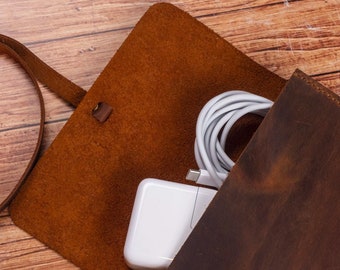 Handmade Genuine Leather Macbook Charger Case, MacBook Charger Holder, Macbook Charger Cover, Laptop Cable Organizer Bag, Storage for Mouse