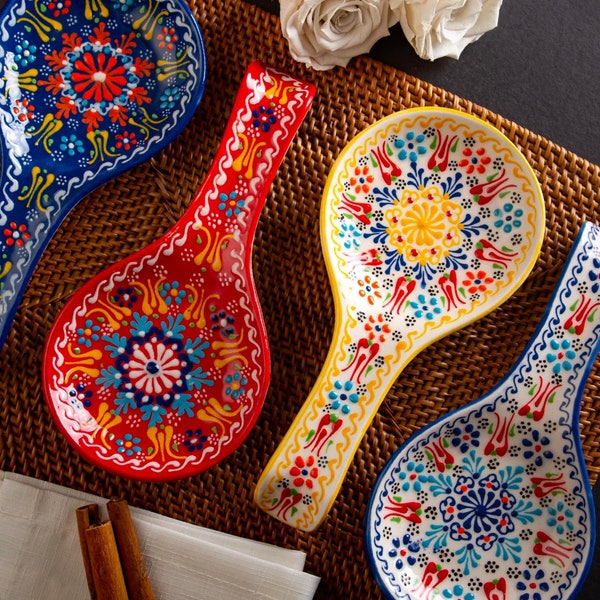Keramische lepelsteun 21cm, handgemaakt Turks keramisch dienblad, met de hand geschilderd, magnetronbestendig, loodvrij, voedselveilig, handgemaakt aardewerk, cadeaus voor mama