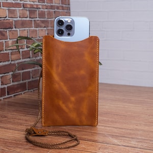Handmade Genuine Leather Slim Phone Bag for Travel, Leather Sling Case, Crossbody Bag, iPhone Pouch with Strap, Phone Case with Card Holder