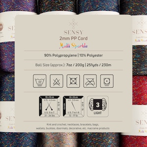 Puede incluir: Una bola de hilo Sensy 2mm PP Cord Multi Sparkle en una mezcla de colores. El hilo es 90% polipropileno y 10% poli&eacute;ster. El tama&ntilde;o de la bola es de 7 onzas, 200 gramos, 251 yardas o 230 metros. El hilo es lavable a m&aacute;quina a 30 grados Celsius. El hilo es ligero y adecuado para proyectos de tejido y ganchillo como collares, pulseras, bolsos, carteras, hebillas, felpudos, art&iacute;culos decorativos y productos de macram&eacute;.